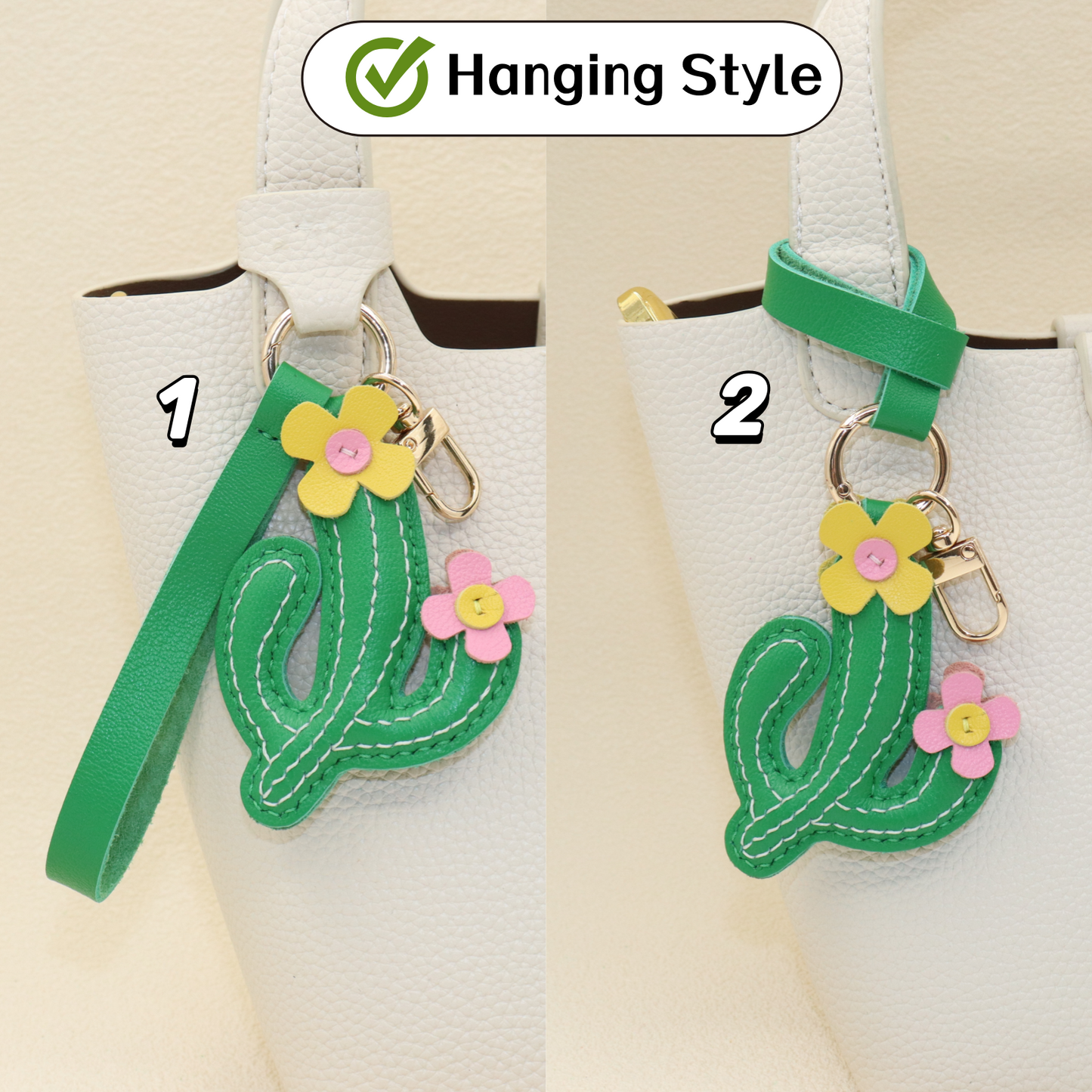 Leather Cactus Keychain with Flower, Green