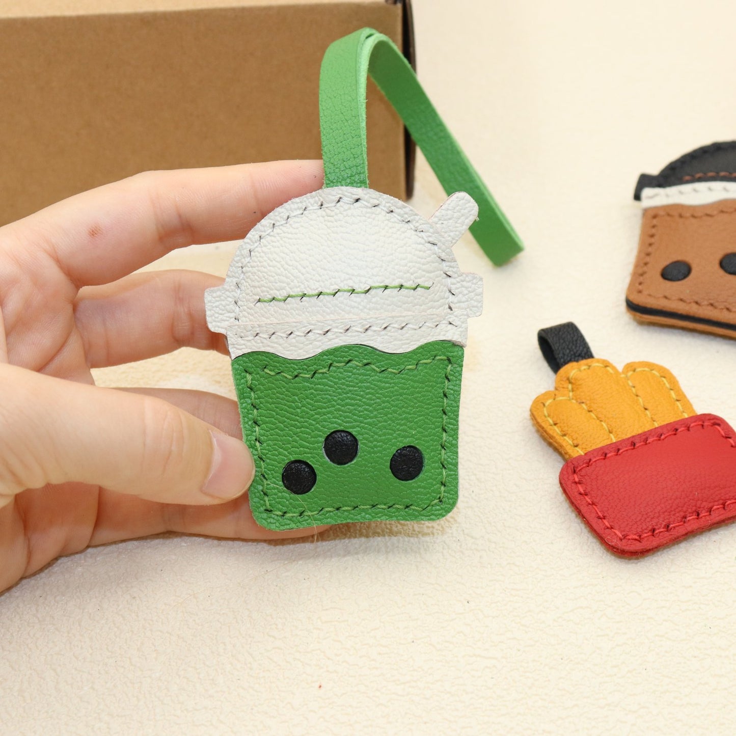 Leather Bubble Tea Cup & French Fries Bag Charm