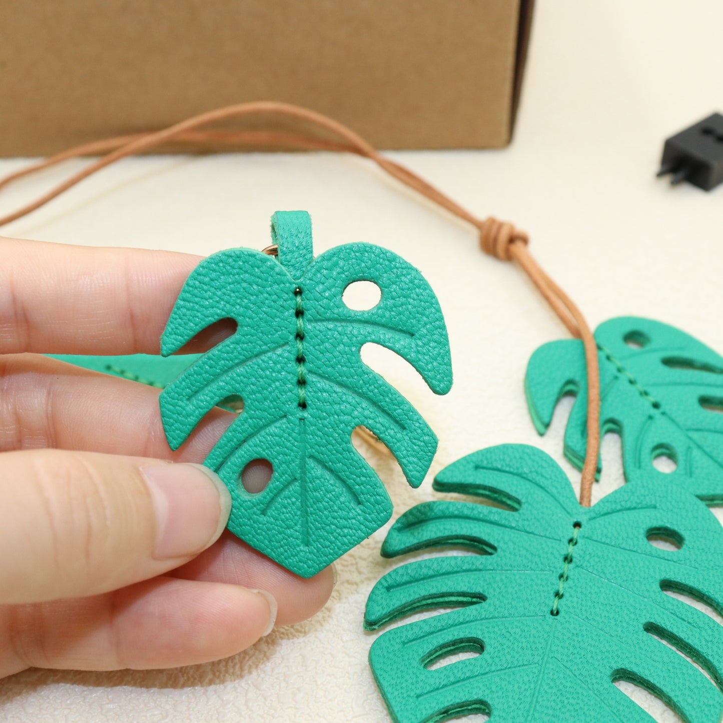 Leather Monstera Set, 2-Piece Tropical Leaf Bag Charm