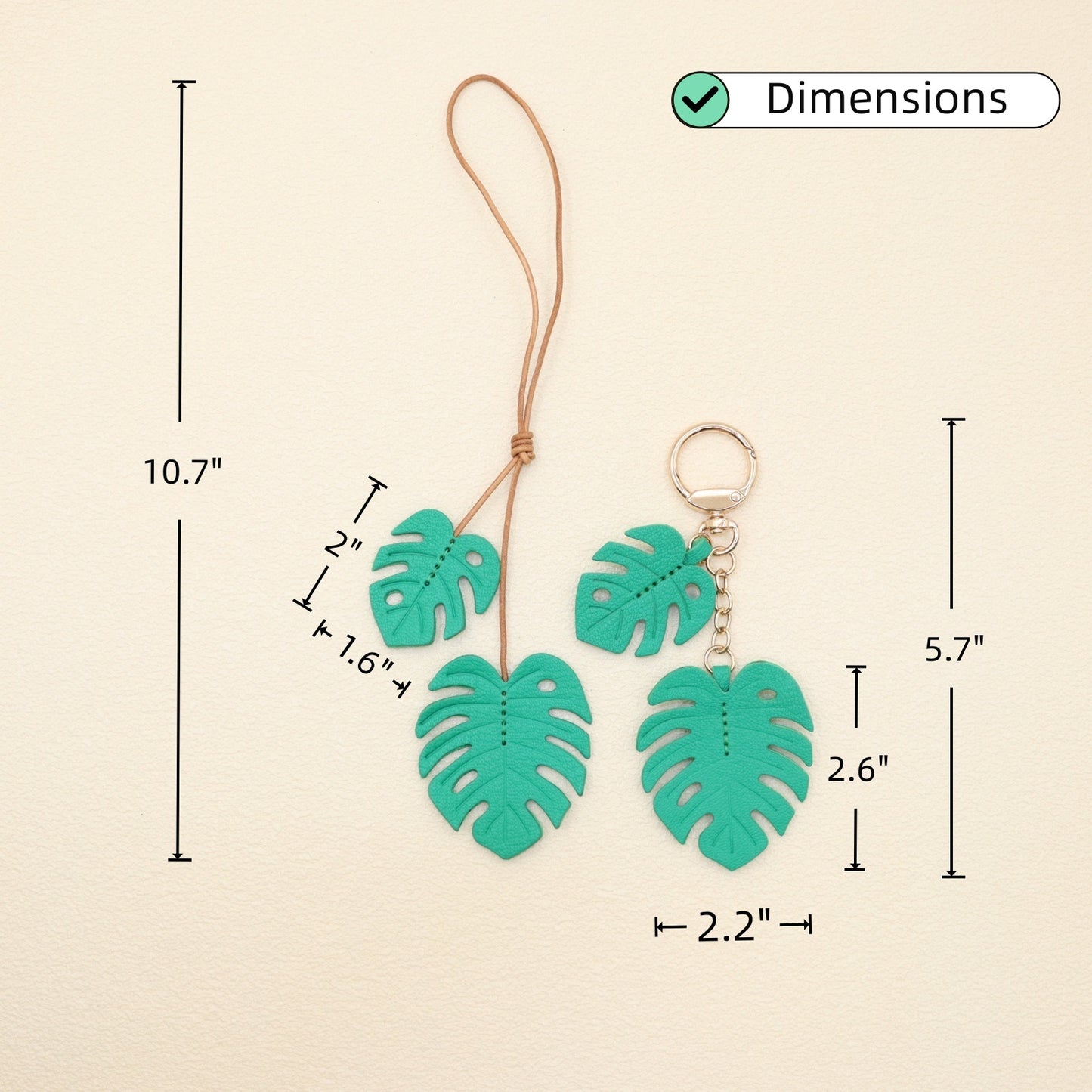 Leather Monstera Set, 2-Piece Tropical Leaf Bag Charm