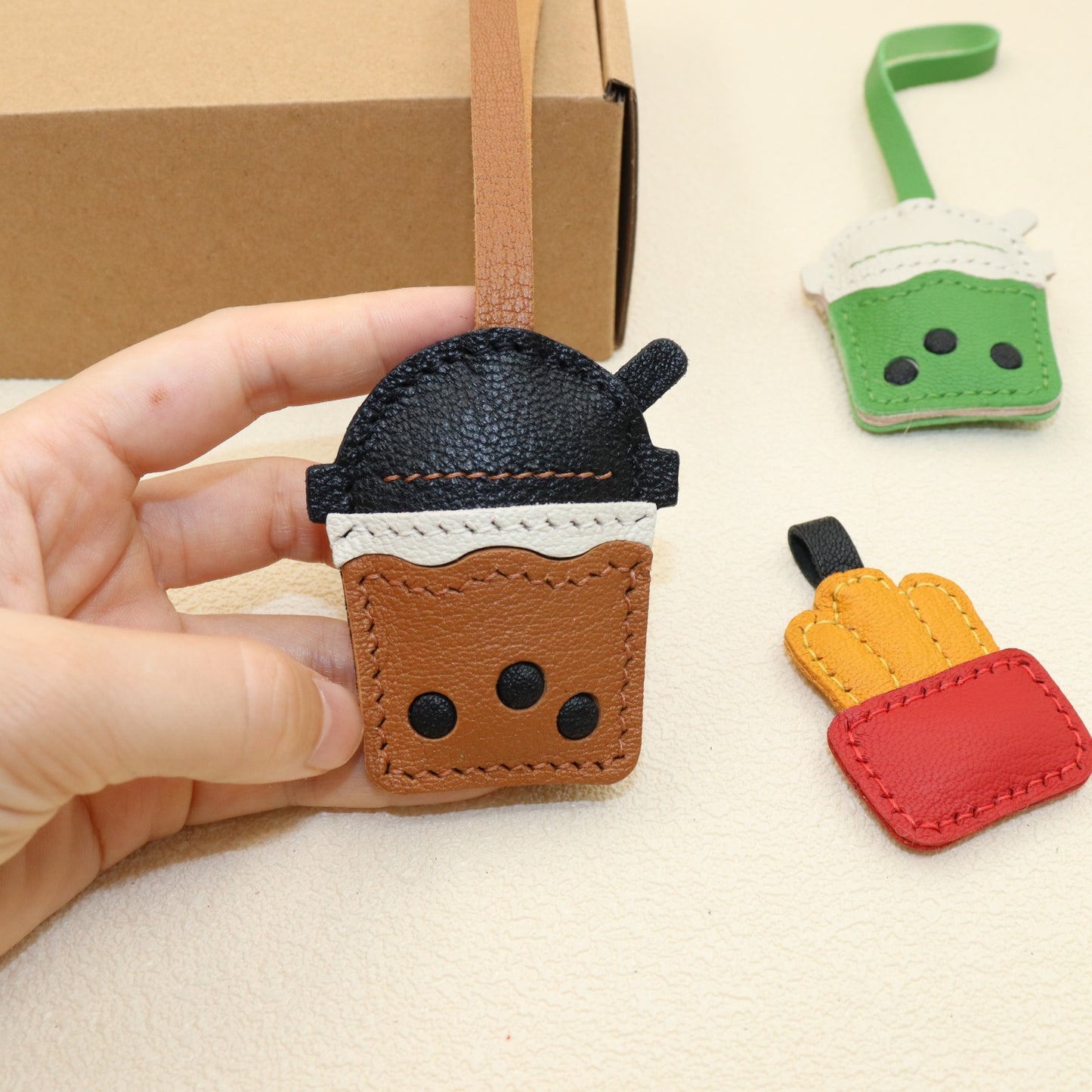 Leather Bubble Tea Cup & French Fries Bag Charm