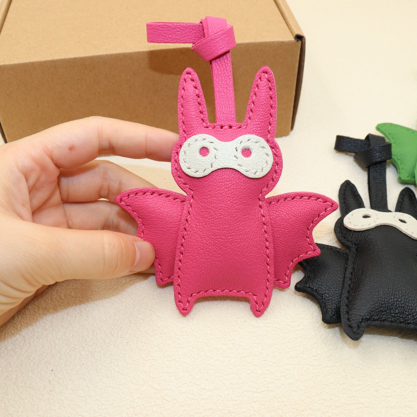Leather Bat Bag Charm, Black/Green/Pink