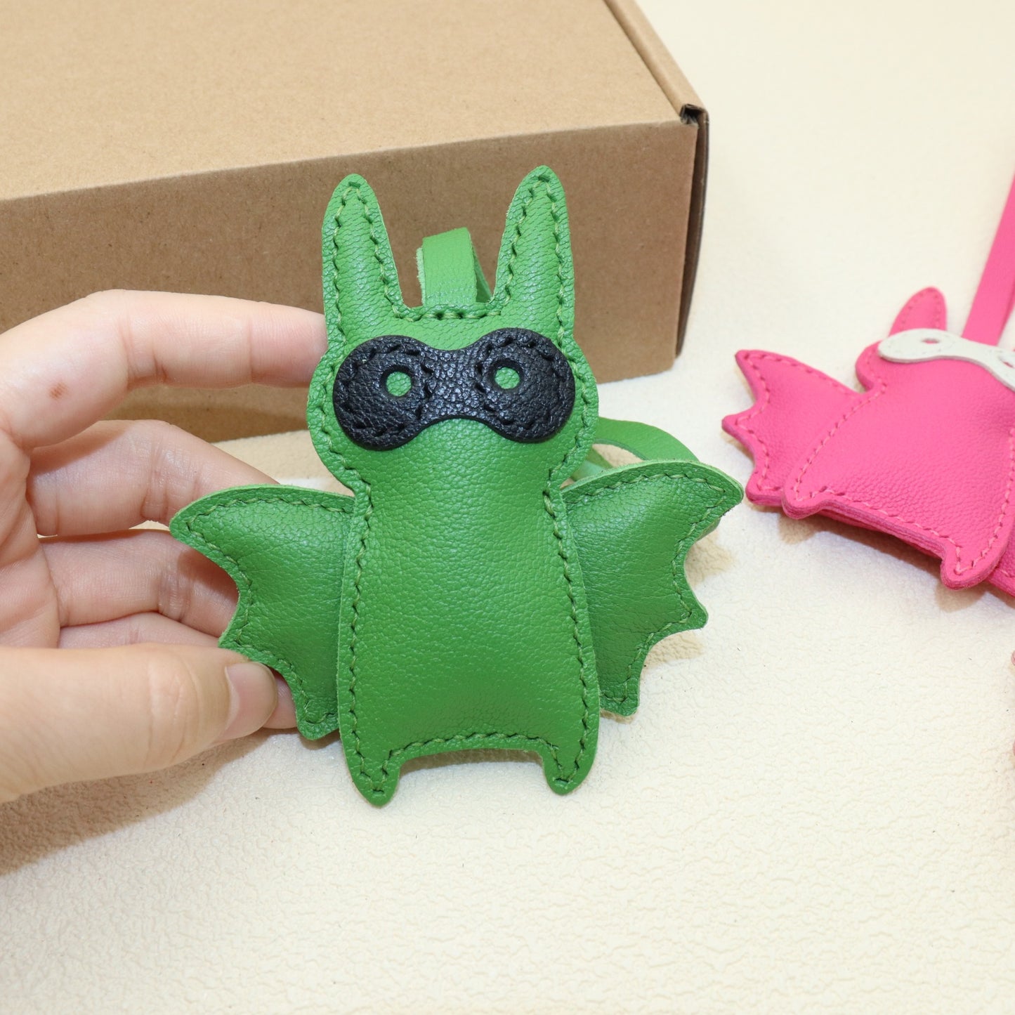 Leather Bat Bag Charm, Black/Green/Pink