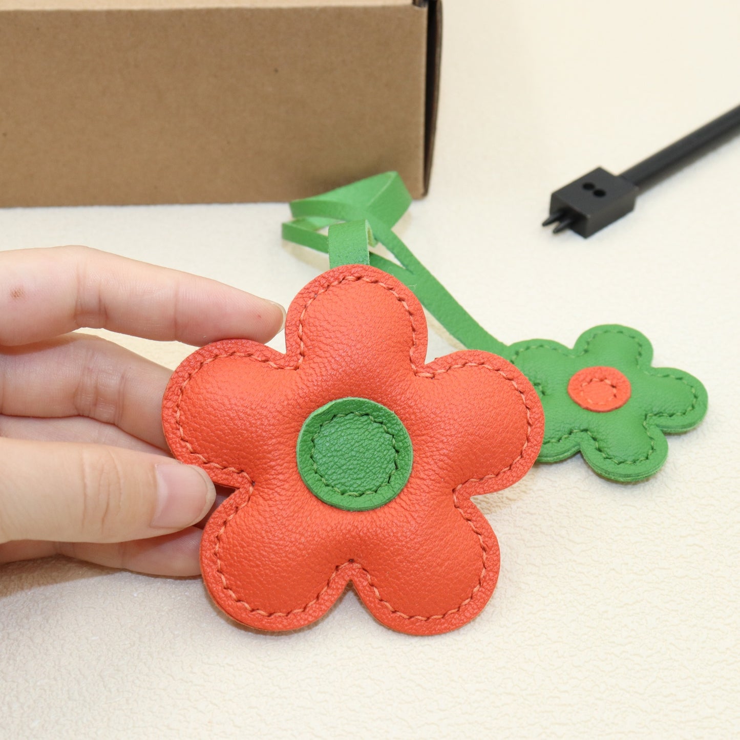 Leather Two-Color Design Flower Bag Charm