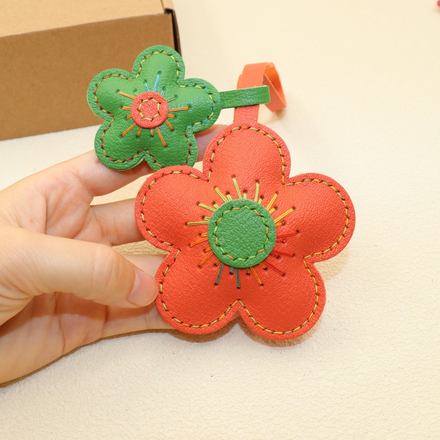 Leather Flower Bag Charm, Double Flower Design with Contrast Stitching