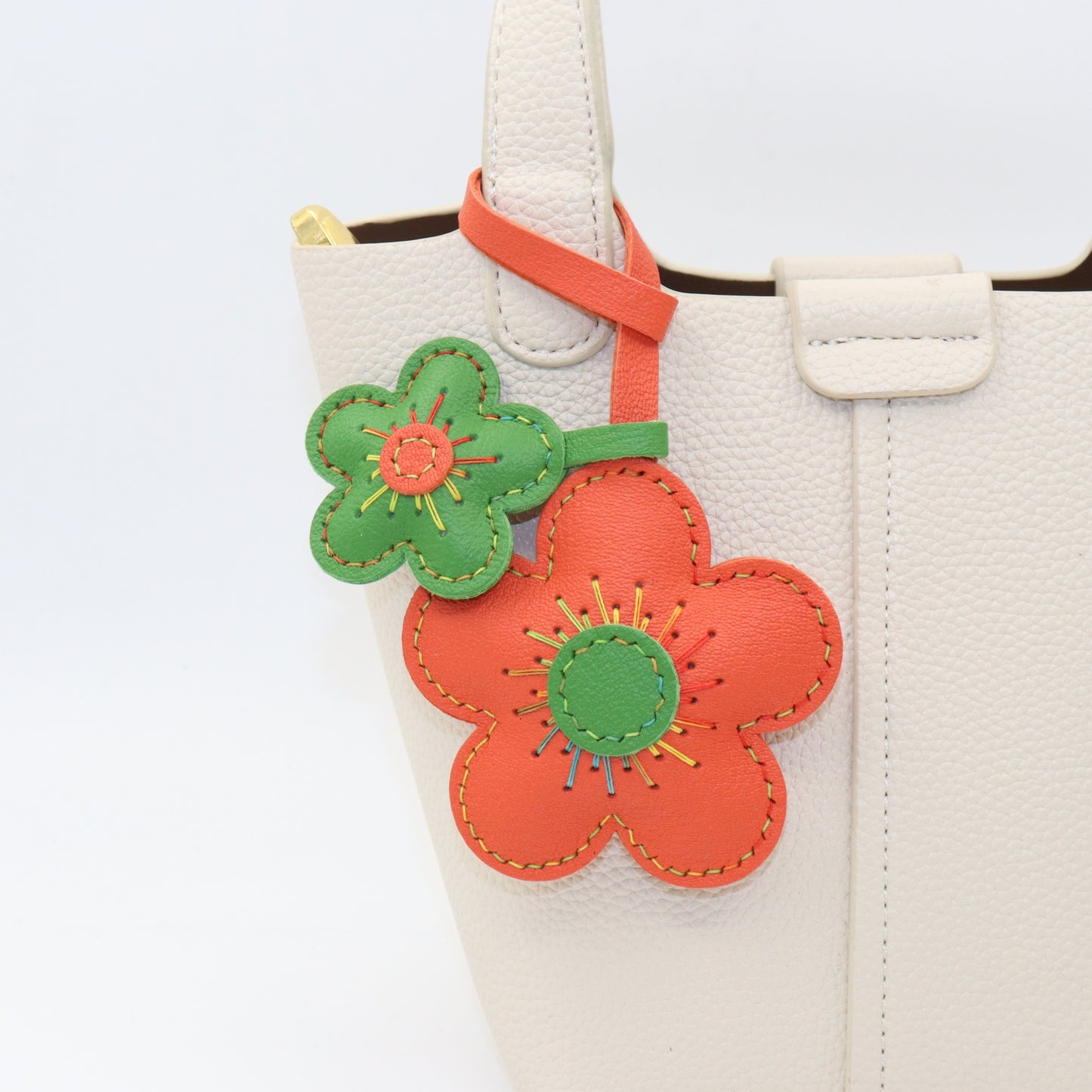 Leather Flower Bag Charm, Double Flower Design with Contrast Stitching