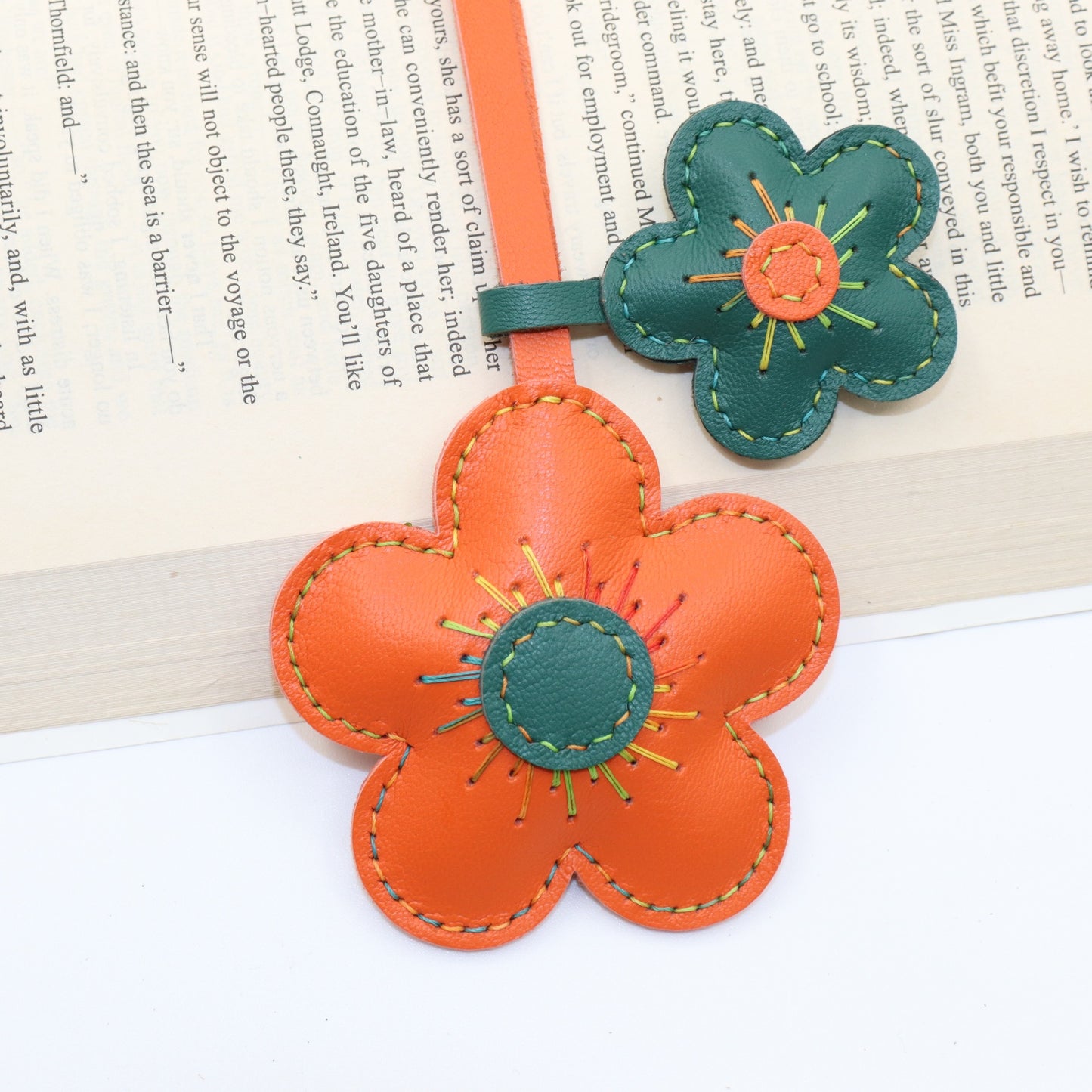 Leather Double Flower Bag Charm, Orange & Dark Green