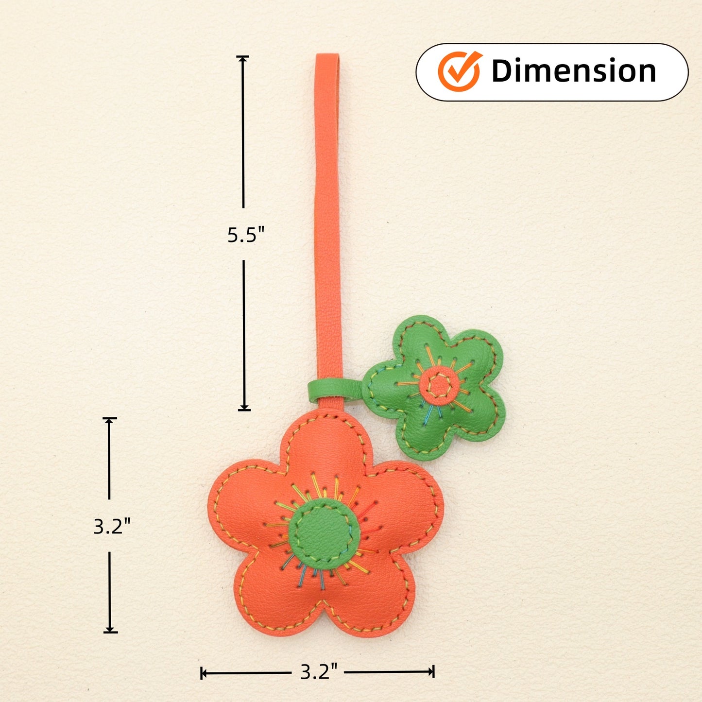 Leather Flower Bag Charm, Double Flower Design with Contrast Stitching