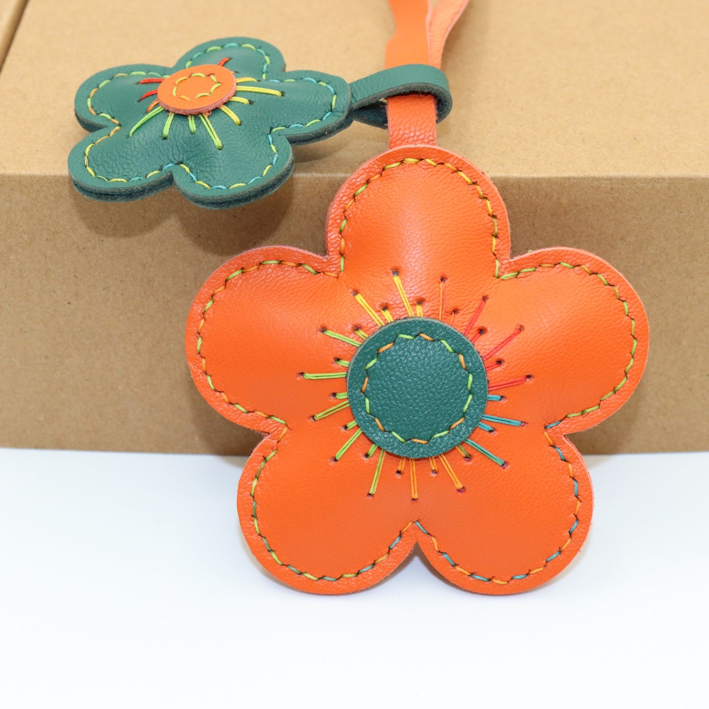 Leather Double Flower Bag Charm, Orange & Dark Green