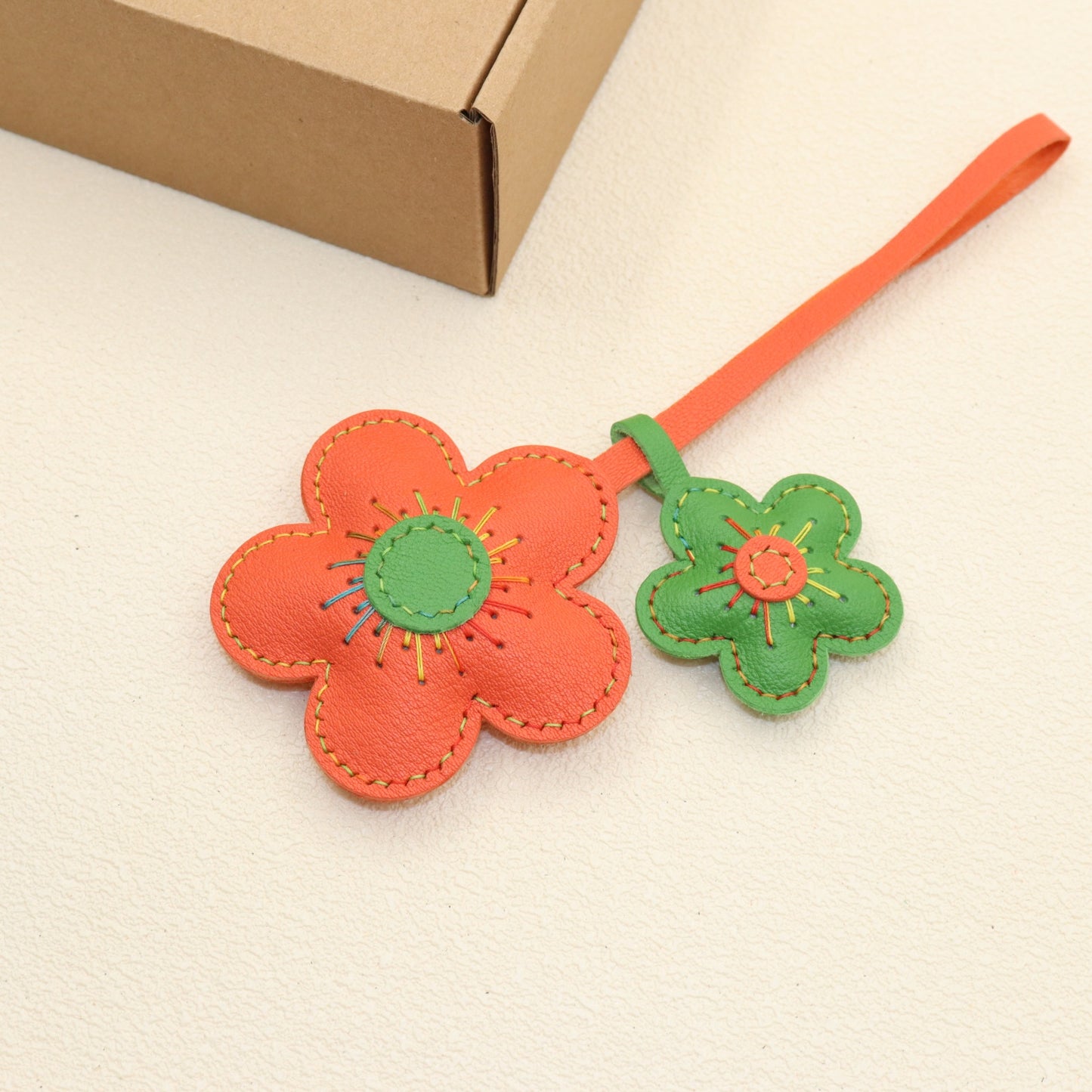 Leather Flower Bag Charm, Double Flower Design with Contrast Stitching