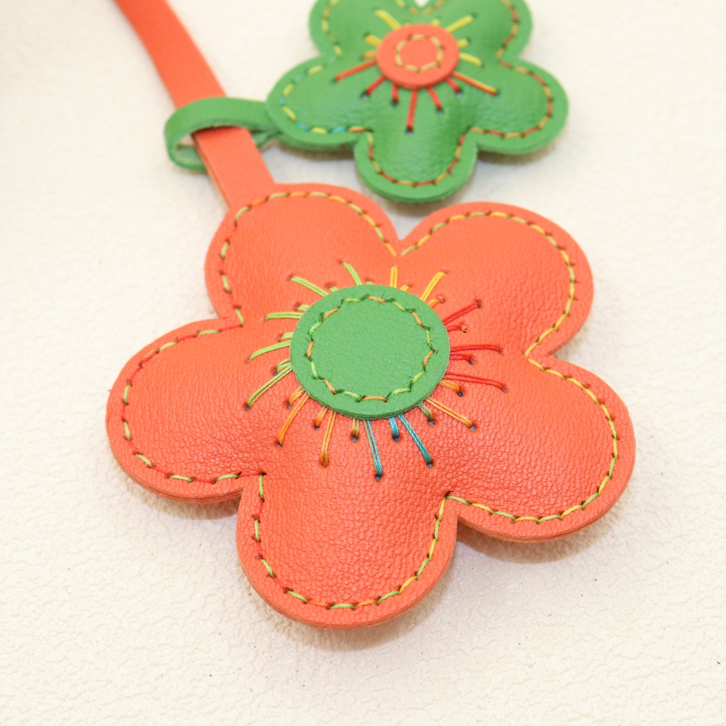 Leather Flower Bag Charm, Double Flower Design with Contrast Stitching