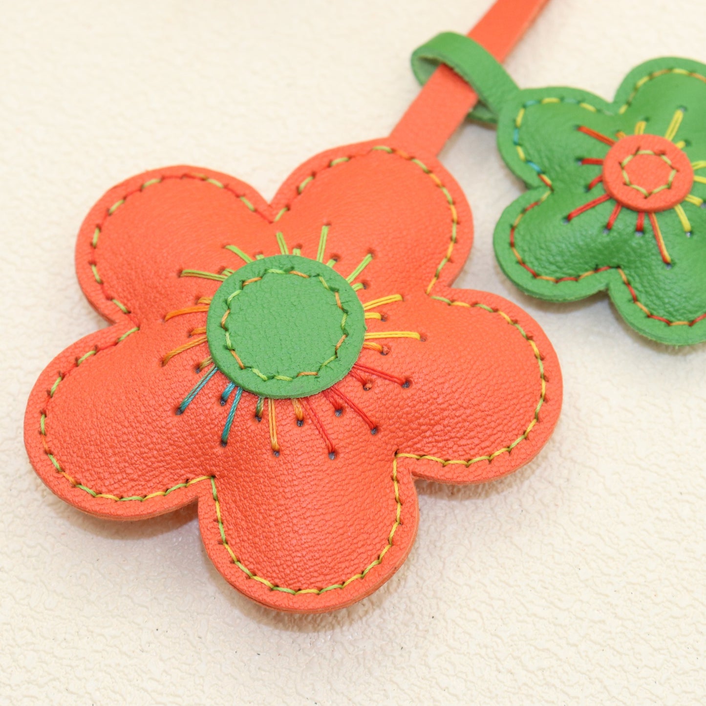 Leather Flower Bag Charm, Double Flower Design with Contrast Stitching