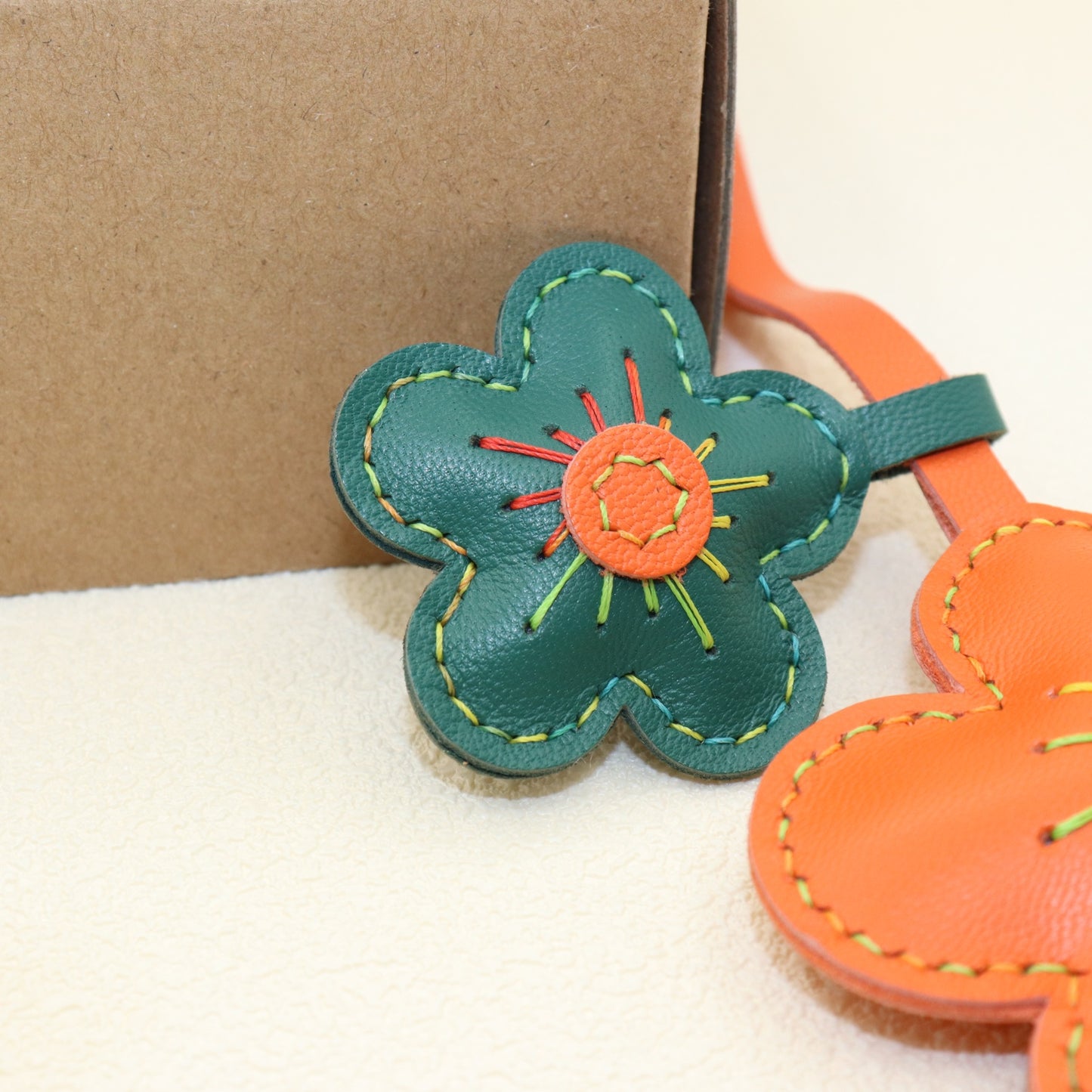 Leather Double Flower Bag Charm, Orange & Dark Green