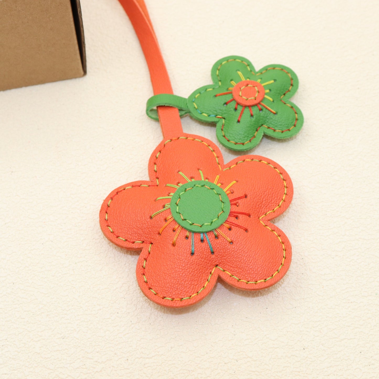 Leather Flower Bag Charm, Double Flower Design with Contrast Stitching