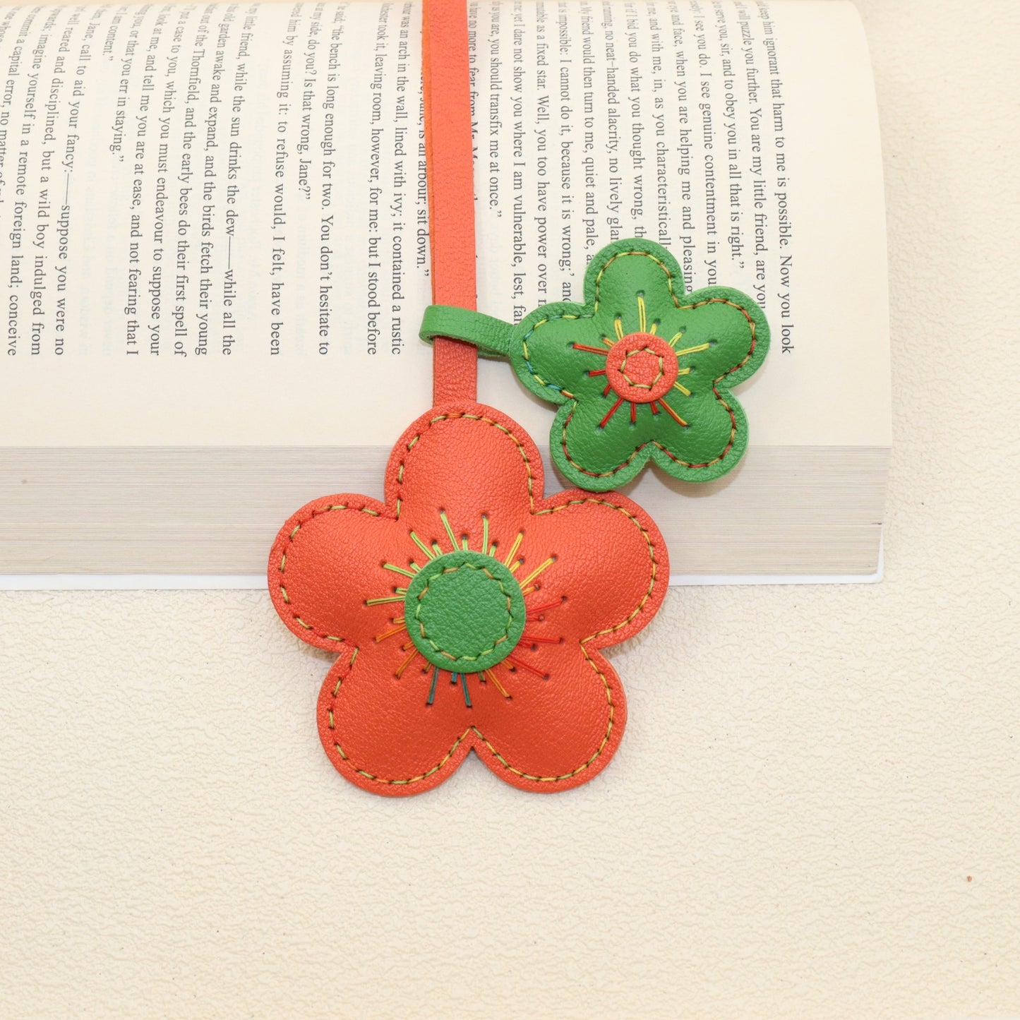 Leather Flower Bag Charm, Double Flower Design with Contrast Stitching