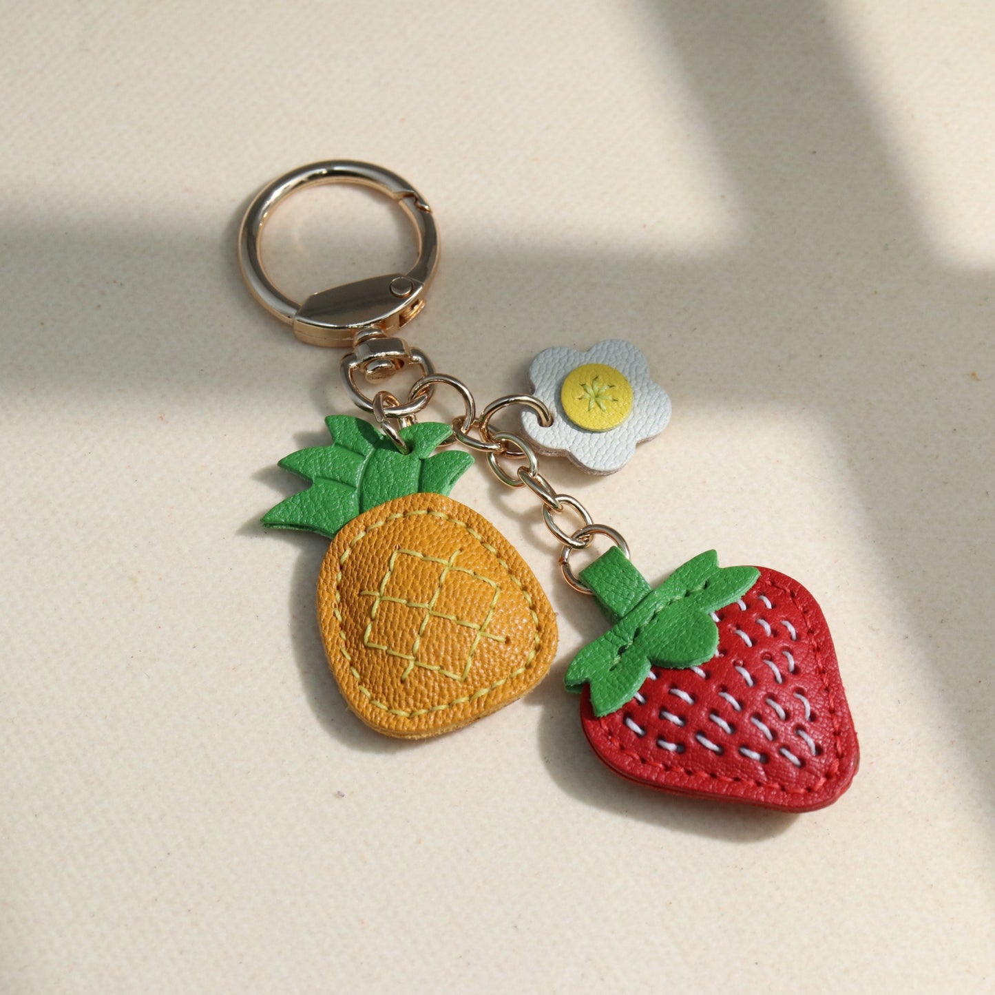 Leather Strawberry Pineapple Flower Keychain