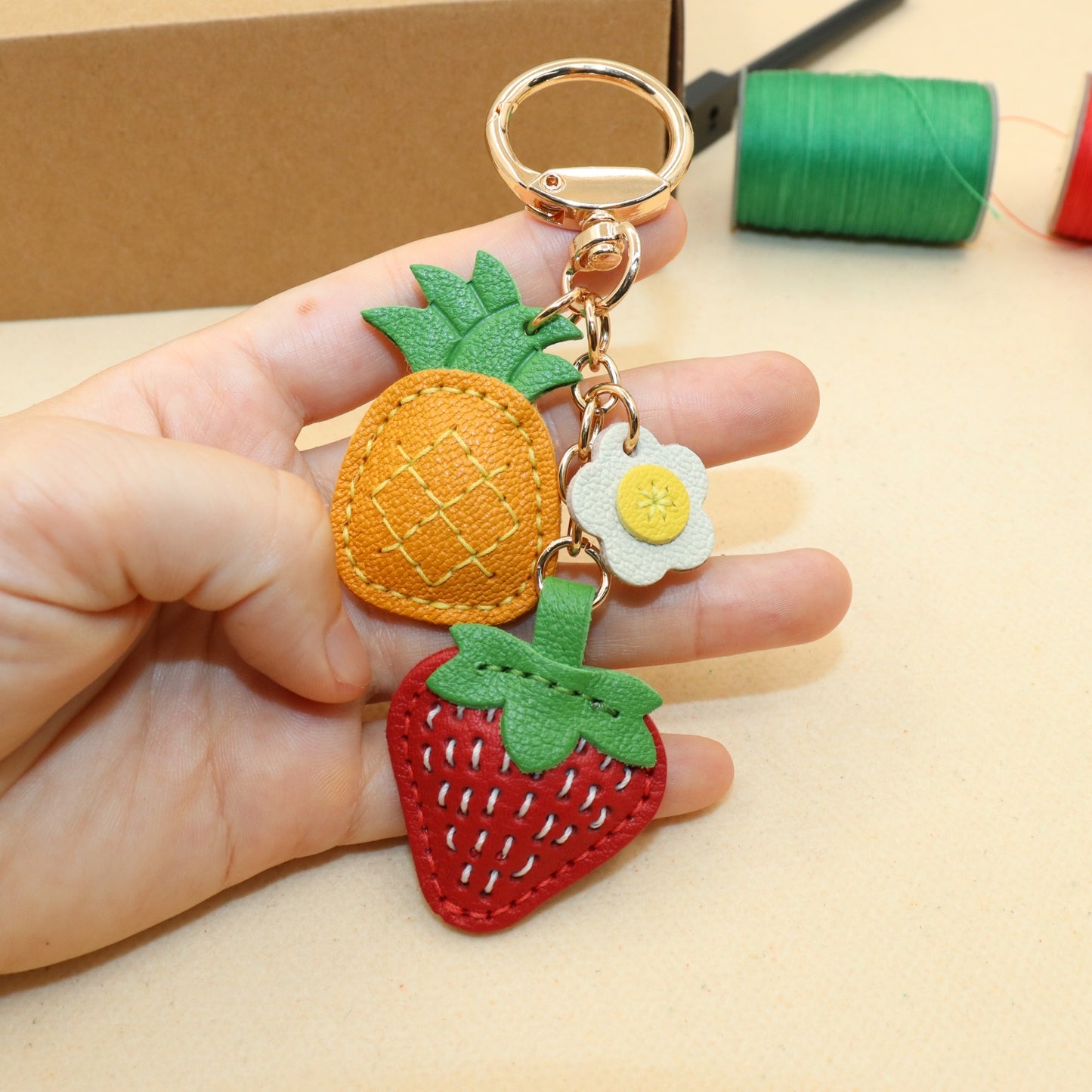 Leather Strawberry Pineapple Flower Keychain