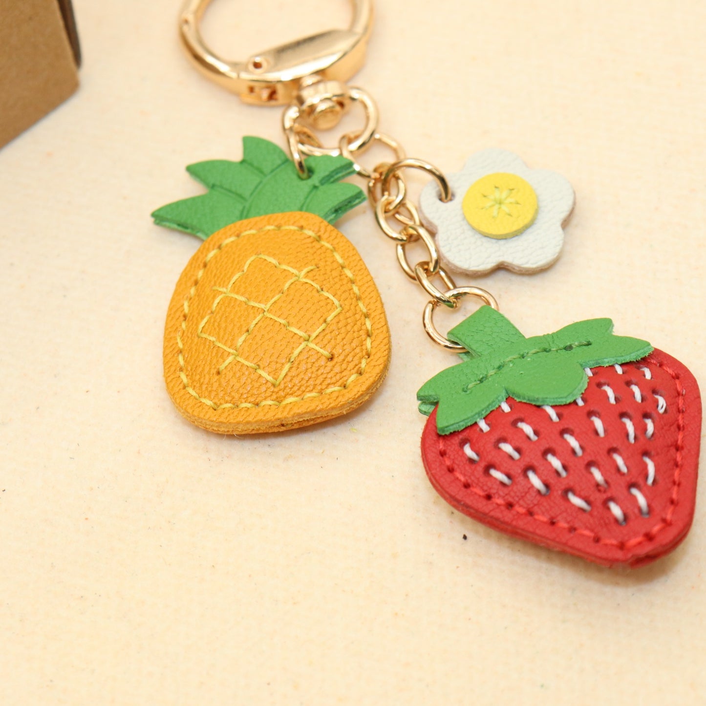 Leather Strawberry Pineapple Flower Keychain