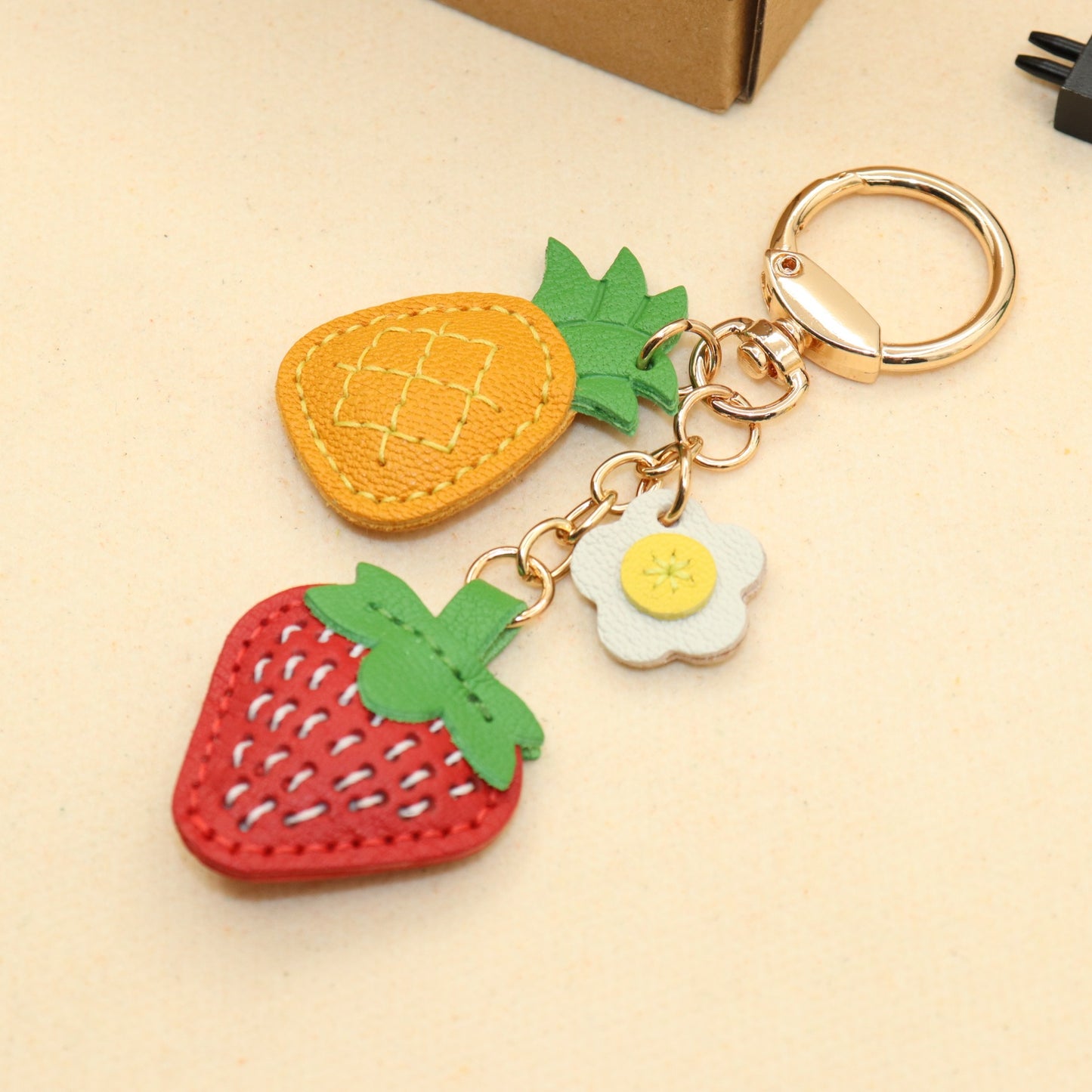 Leather Strawberry Pineapple Flower Keychain