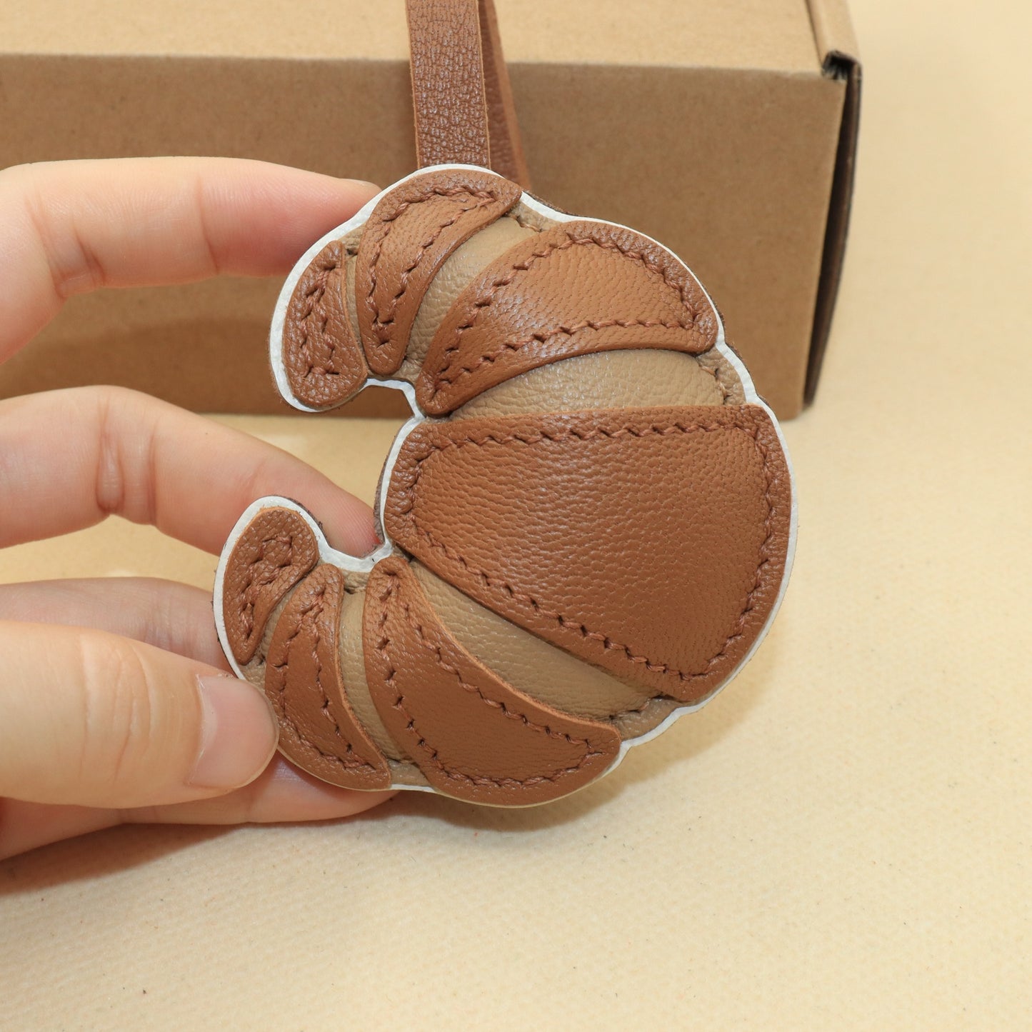 Handmade Leather Croissant Bag Charm Keychain, Handbag Accessory
