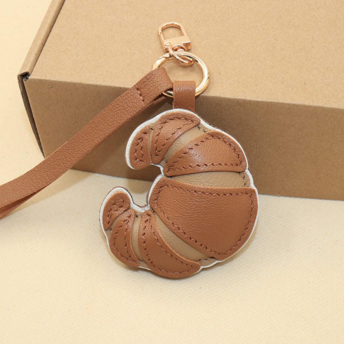 Handmade Leather Croissant Bag Charm Keychain, Handbag Accessory