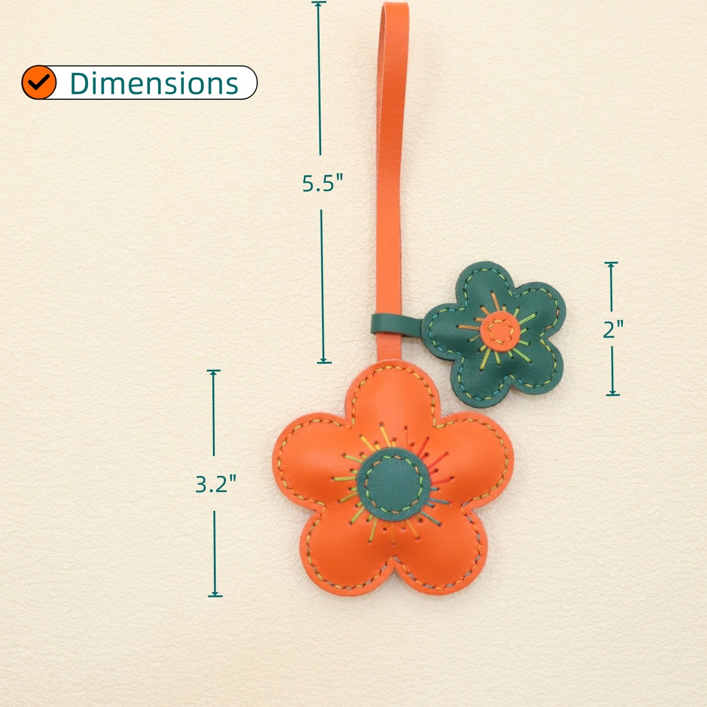 Leather Double Flower Bag Charm, Orange & Dark Green