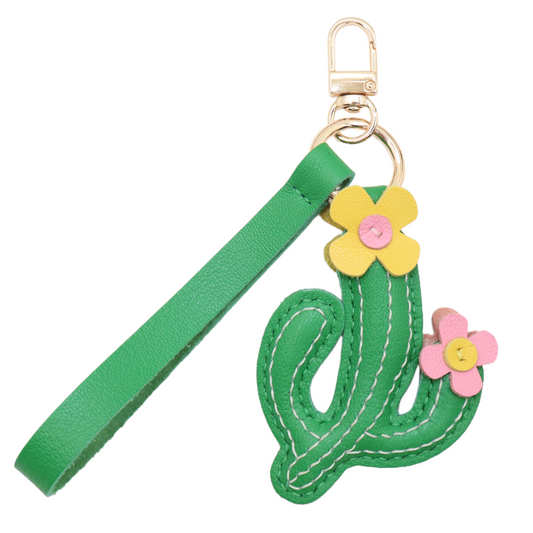 Leather Cactus Keychain with Flower, Green