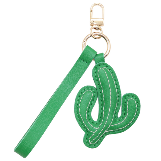 Leather Cactus Keychain with Flower, Green