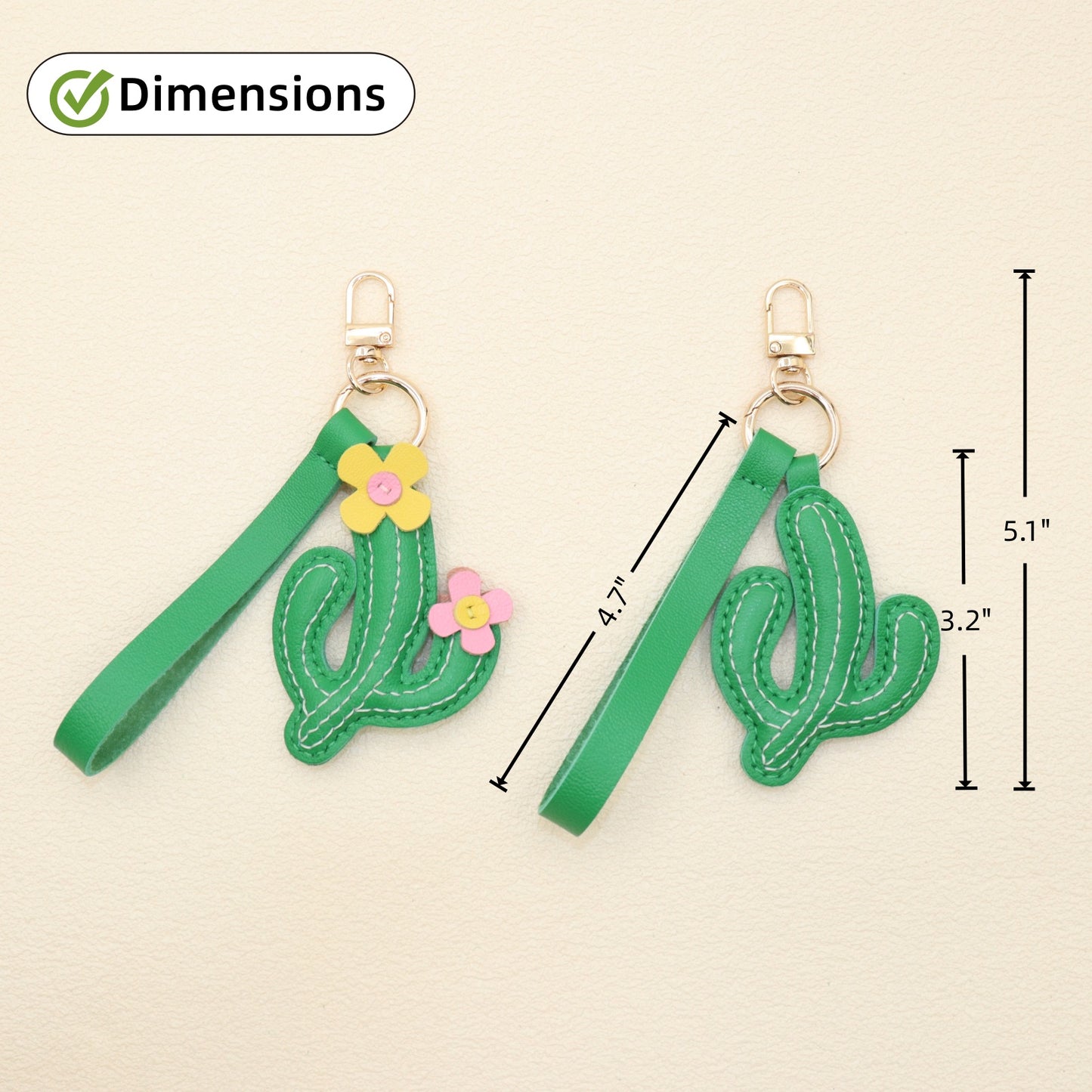 Leather Cactus Keychain with Flower, Green
