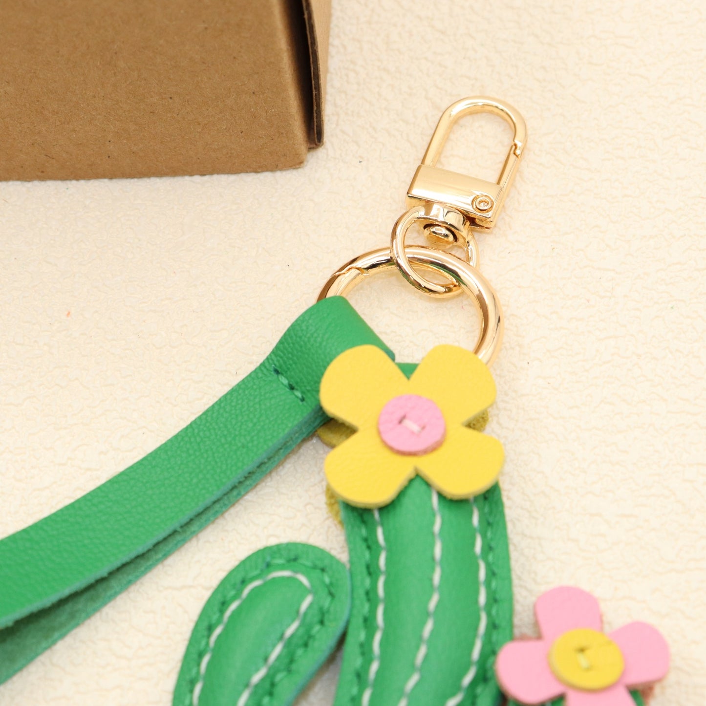 Leather Cactus Keychain with Flower, Green
