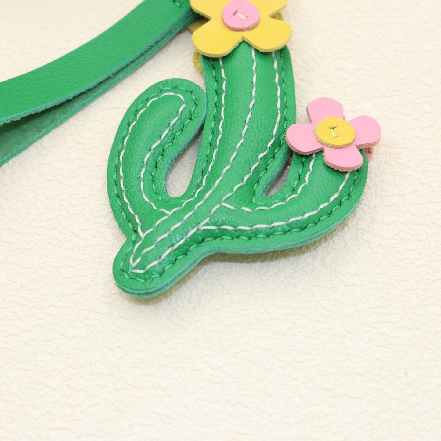 Leather Cactus Keychain with Flower, Green