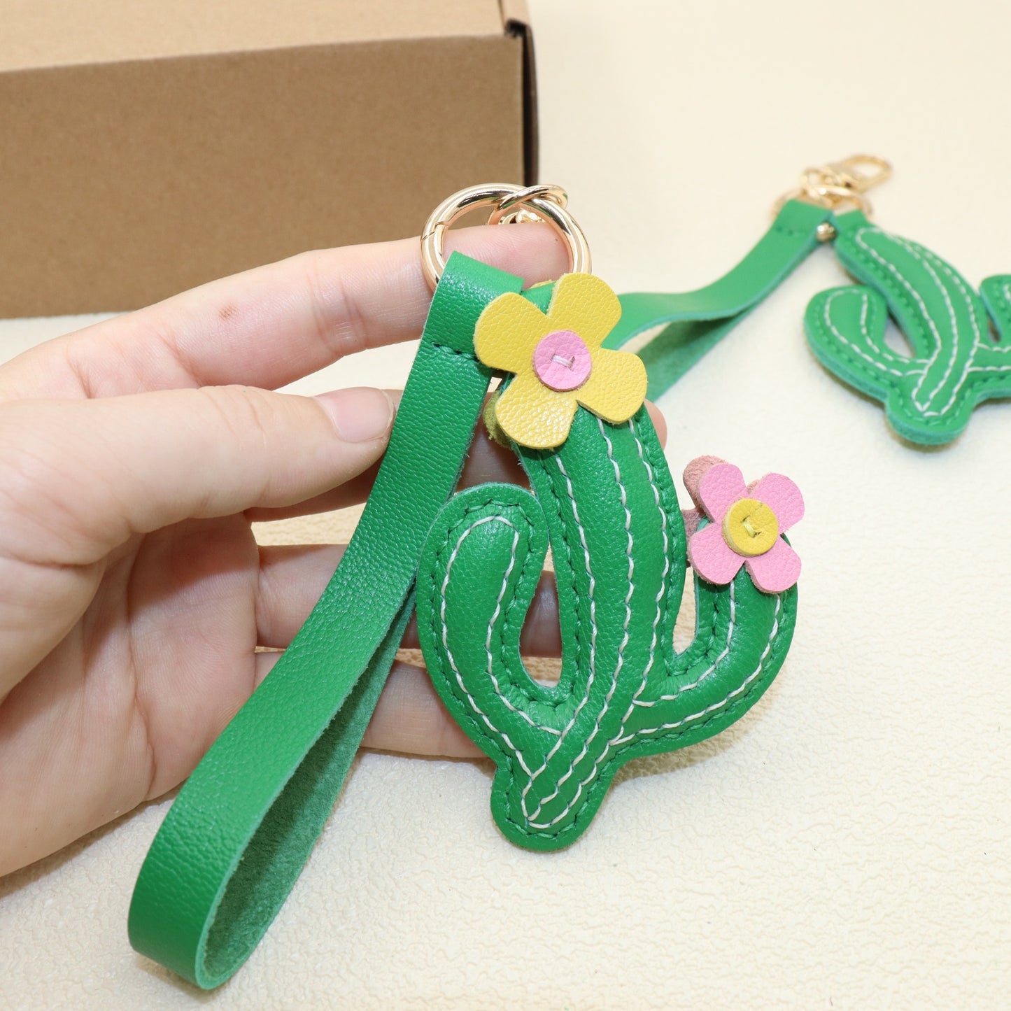 Leather Cactus Keychain with Flower, Green
