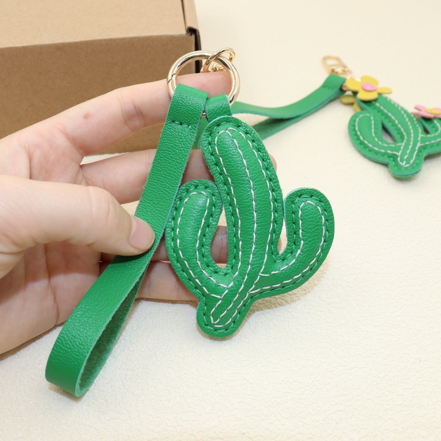 Leather Cactus Keychain with Flower, Green