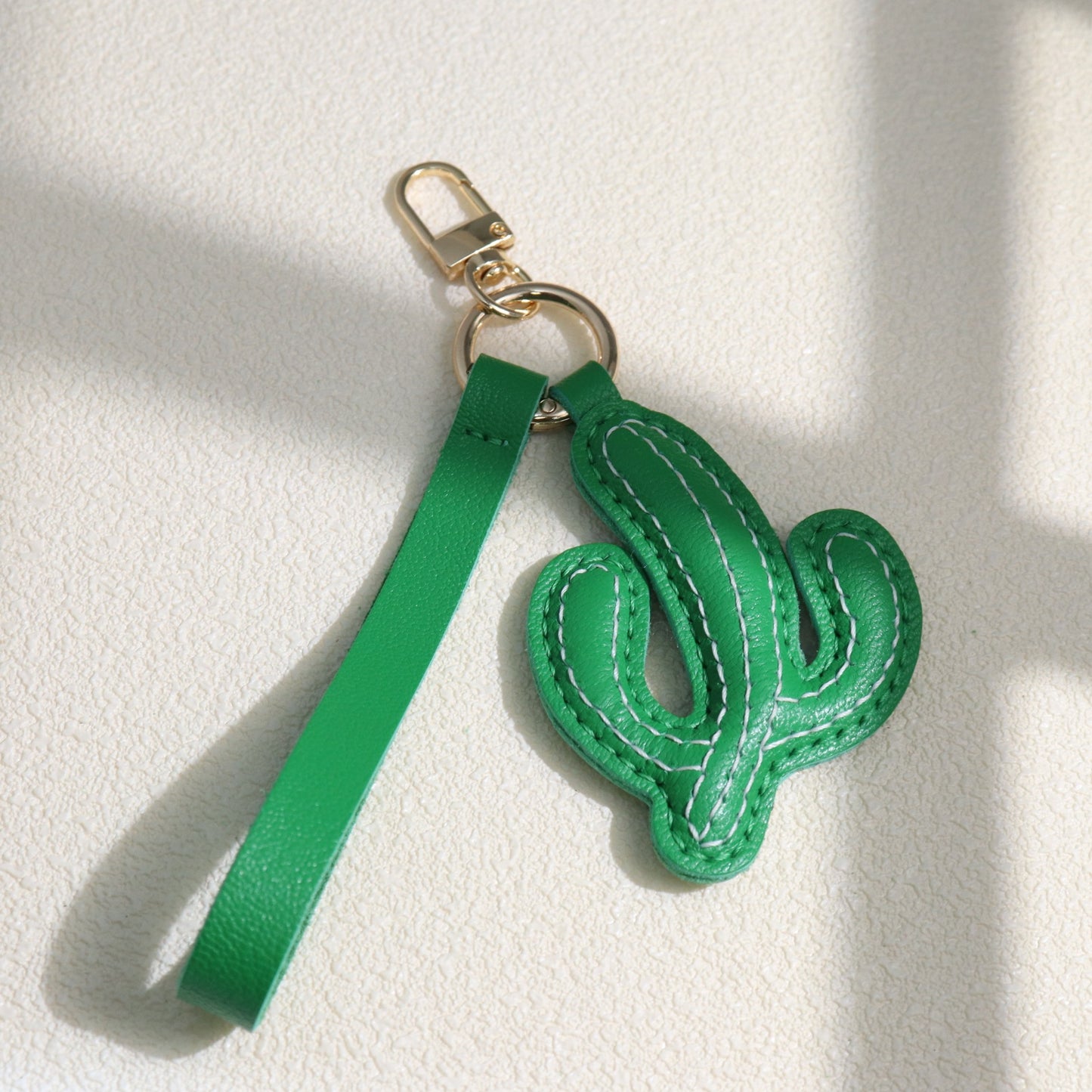 Leather Cactus Keychain with Flower, Green