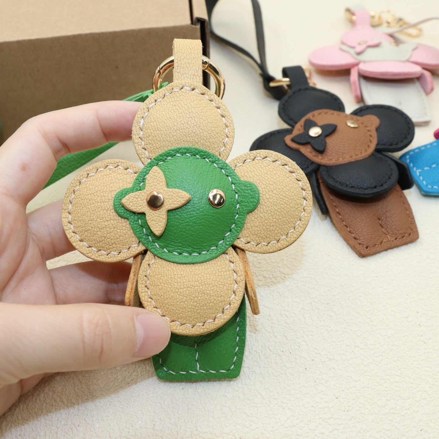 Leather Flower Doll Keychain with Wrist Strap