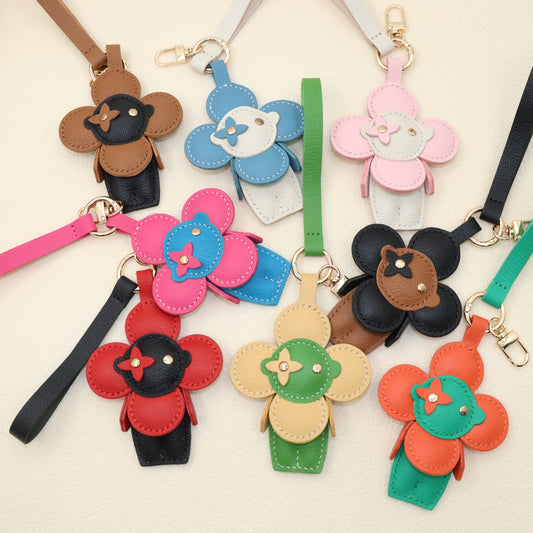 Leather Flower Doll Keychain with Wrist Strap