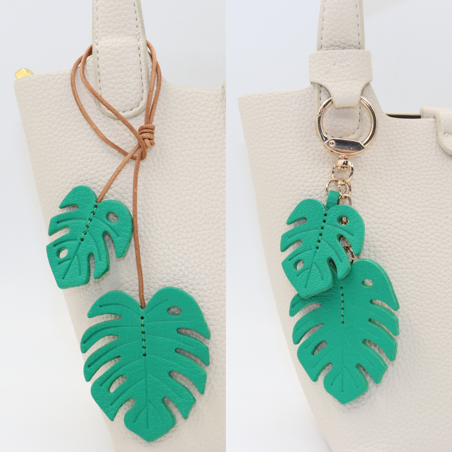 Leather Monstera Set, 2-Piece Tropical Leaf Bag Charm