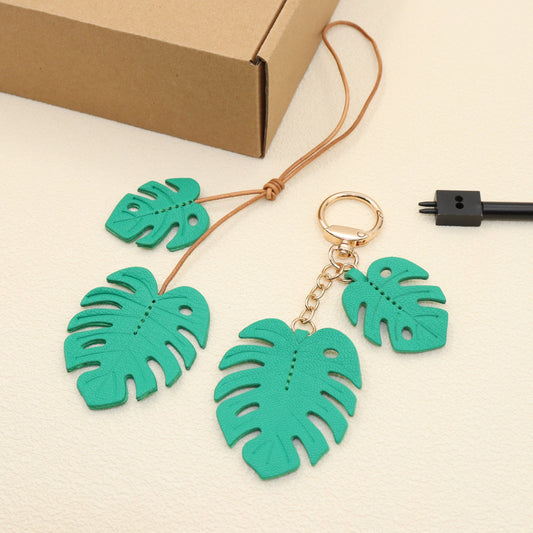Leather Monstera Set, 2-Piece Tropical Leaf Bag Charm
