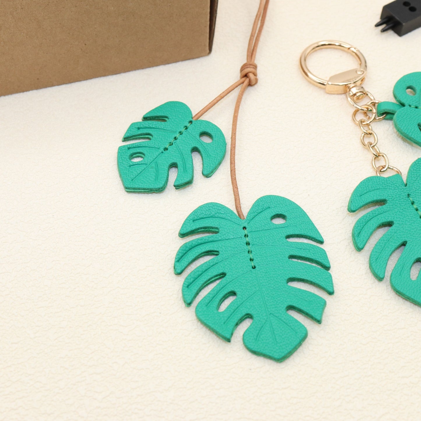 Leather Monstera Set, 2-Piece Tropical Leaf Bag Charm