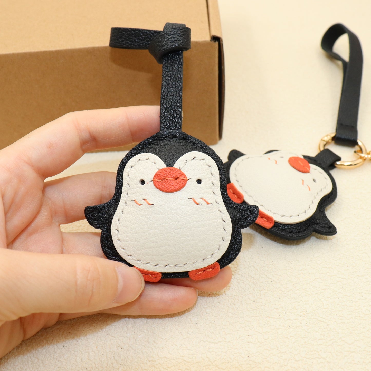 Handmade Penguin Leather Bag Charm Keychain