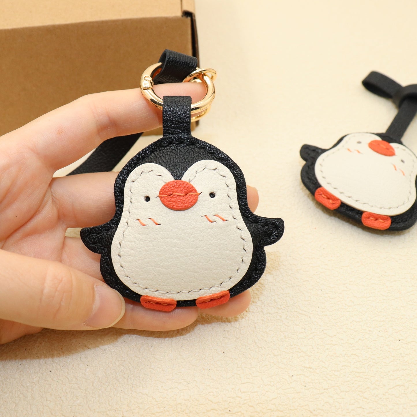 Handmade Penguin Leather Bag Charm Keychain