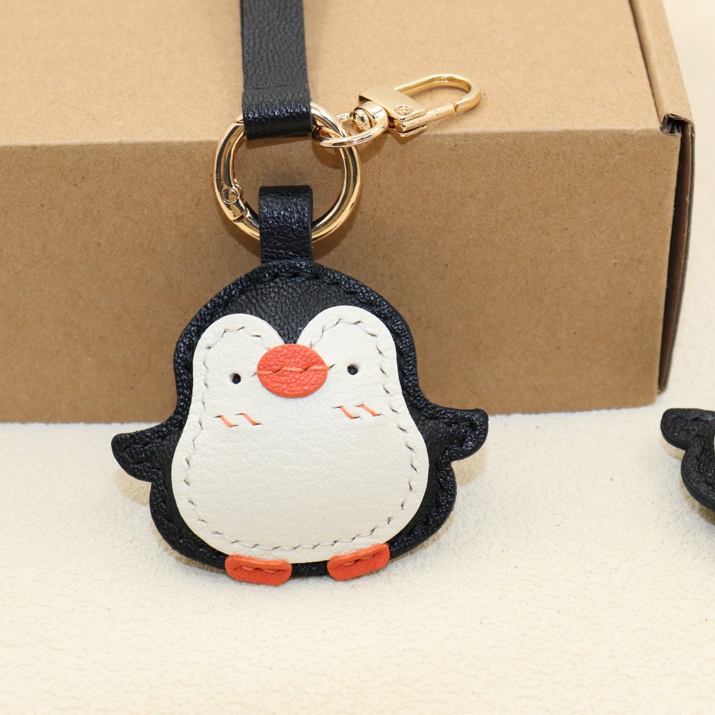 Handmade Penguin Leather Bag Charm Keychain