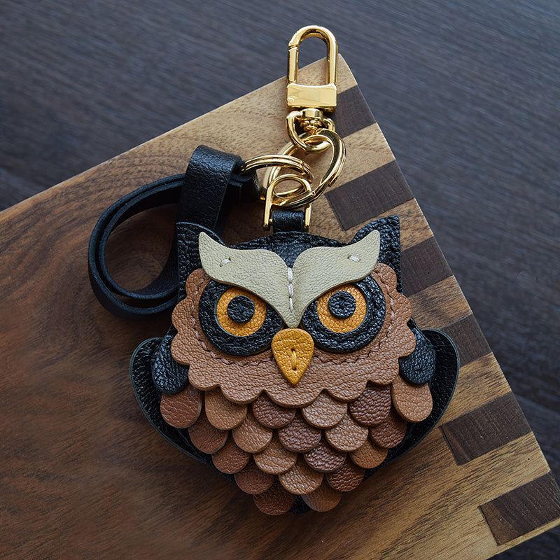 Genuine Leather Owl Charm, Handmade Cute Owl Keychain