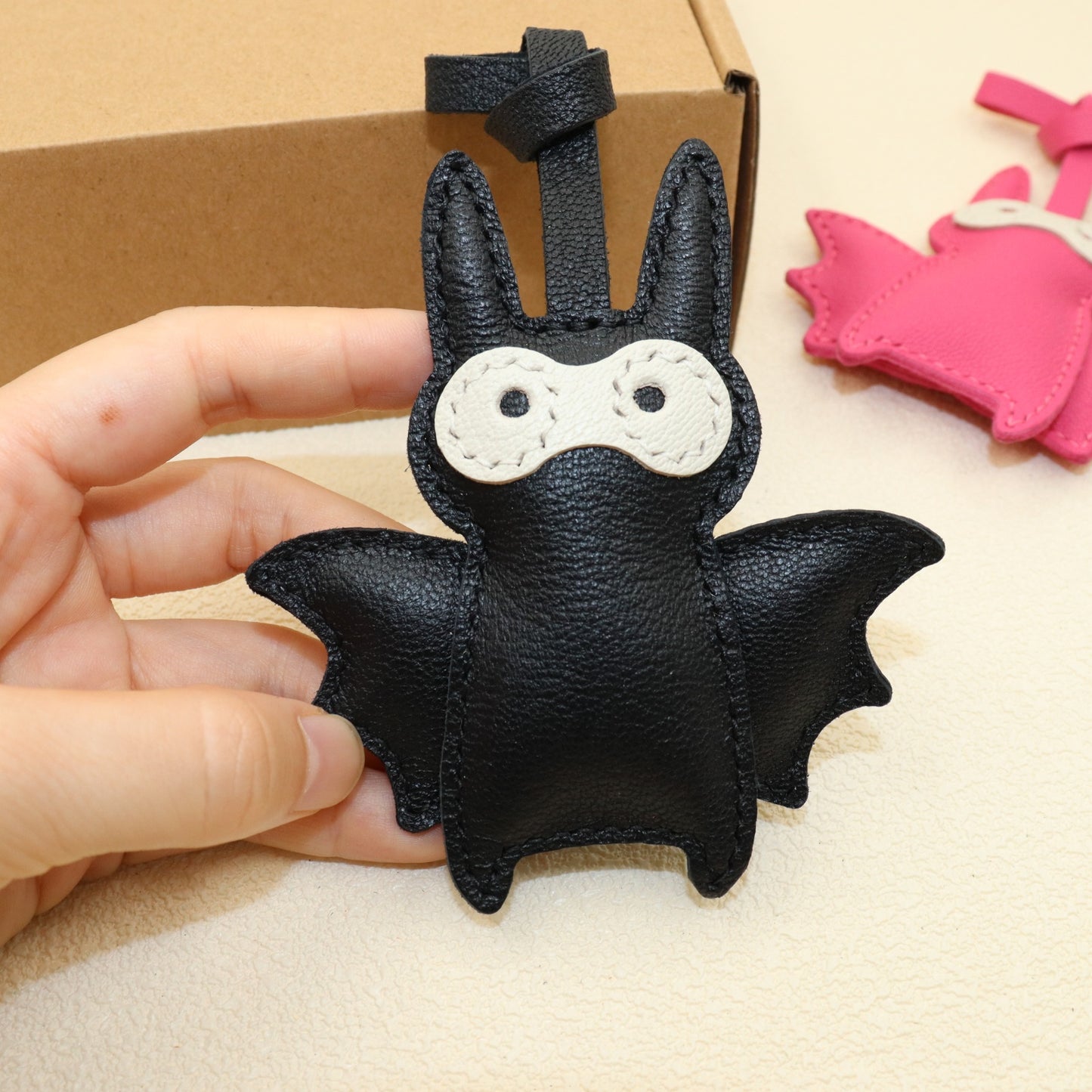 Leather Bat Bag Charm, Black/Green/Pink