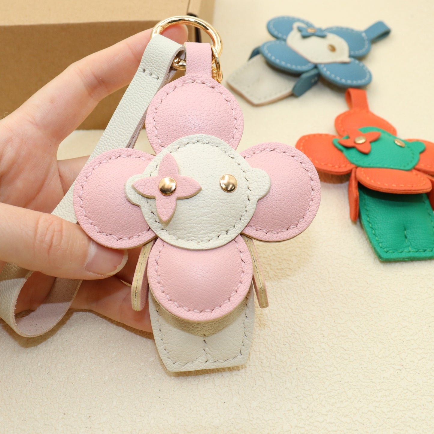 Leather Flower Doll Keychain with Wrist Strap