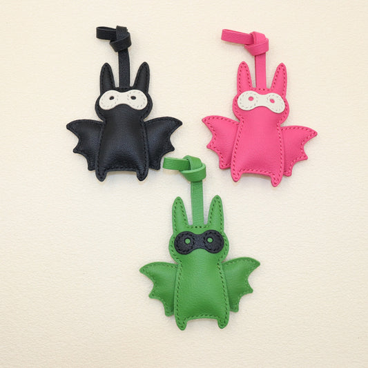 Leather Bat Bag Charm, Black/Green/Pink