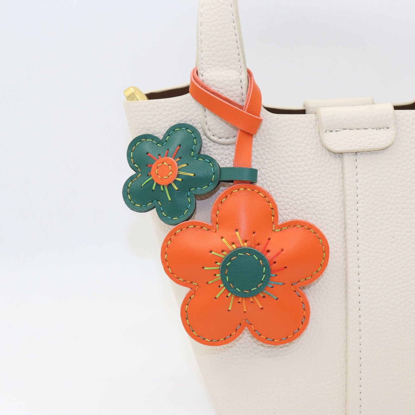 Leather Double Flower Bag Charm, Orange & Dark Green