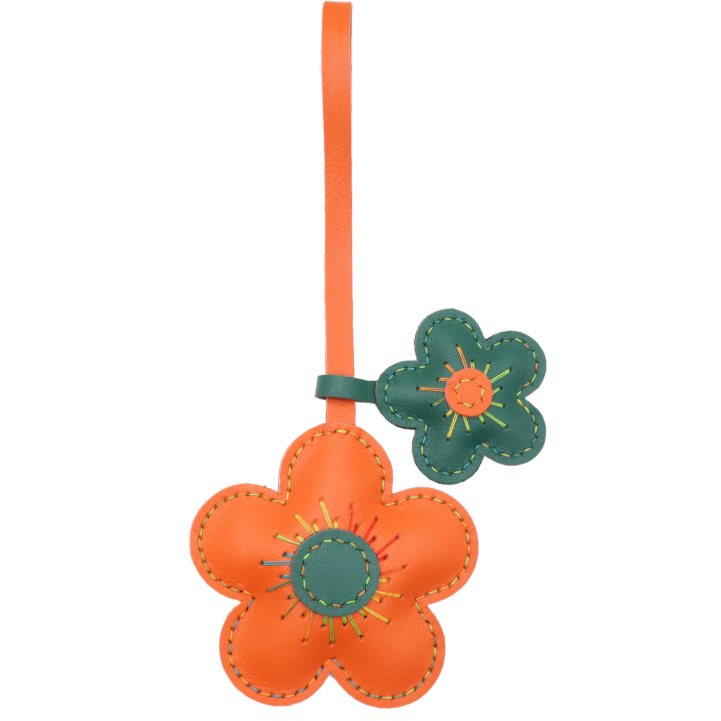 Leather Double Flower Bag Charm, Orange & Dark Green