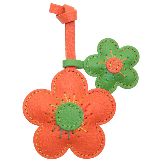 Leather Flower Bag Charm, Double Flower Design with Contrast Stitching