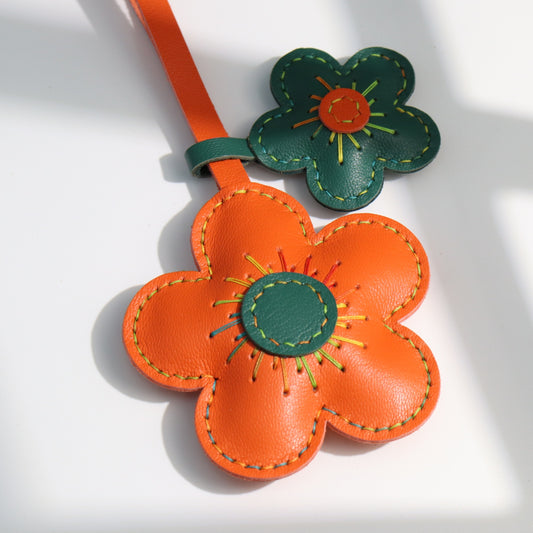 Leather Double Flower Bag Charm, Orange & Dark Green